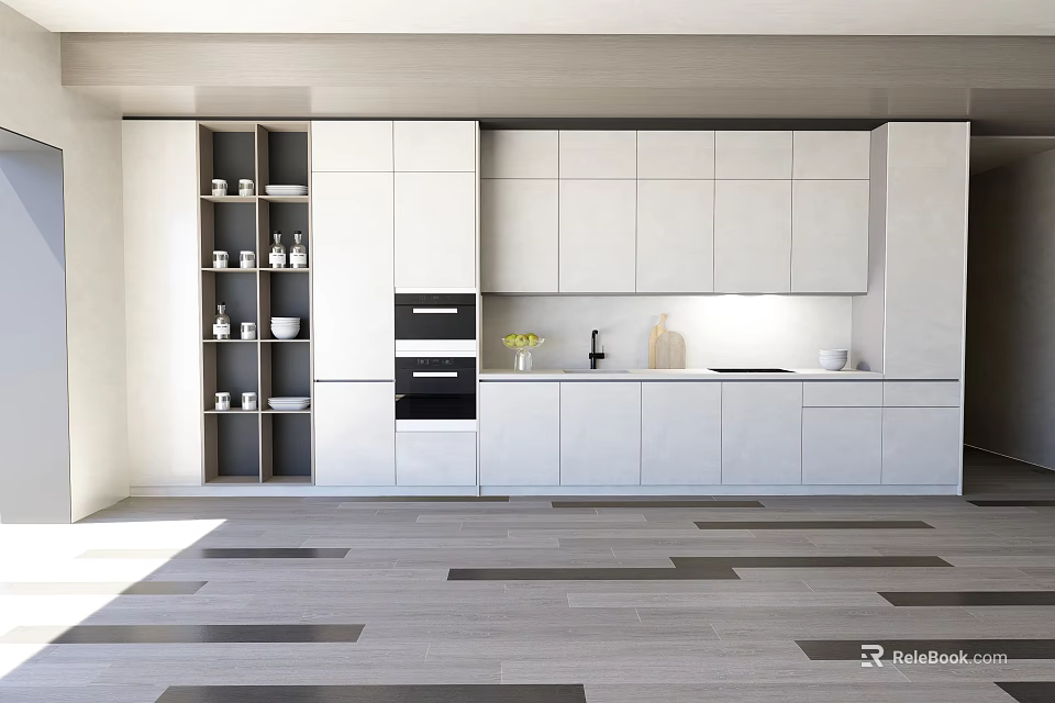 Modern Kitchen Interior With White Cabinets And Sleek Countertop Design 3d model 