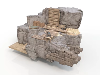 Modern Stone Structure Design With Wooden Planks Ladder And Platform Elements 3d model