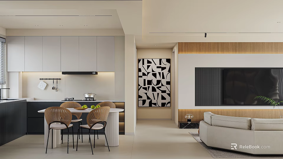 Modern Dining and Living Room Interior With Table Chairs Sofa And Decorative Wall Art 3d model 