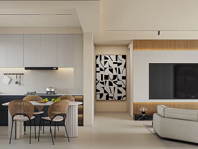 Modern Dining and Living Room Interior With Table Chairs Sofa And Decorative Wall Art 3d model