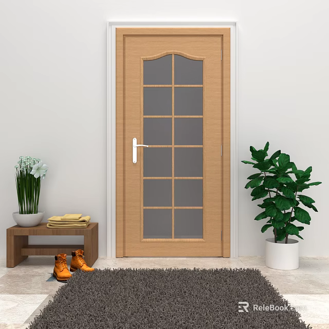 Wooden Hinged Door With Glass Panels In Modern Interior With Potted Plant And Rug 3d model 