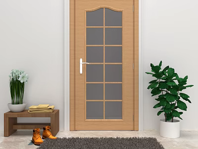 Wooden Hinged Door With Glass Panels In Modern Interior With Potted Plant And Rug 3d model