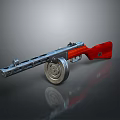 Vintage Submachine Gun With Red Stock Silver Barrel And Drum Magazine On Reflective Surface
