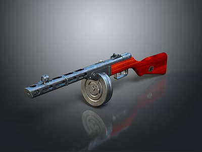 Vintage Submachine Gun With Red Stock Silver Barrel And Drum Magazine On Reflective Surface 3d model