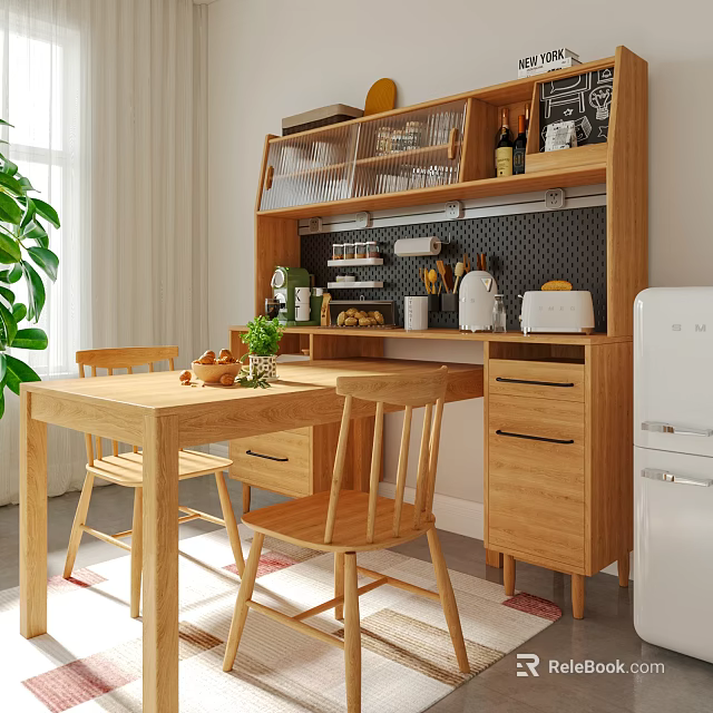 Wooden Dining Table Set With Chairs Storage Cabinet Shelves Kitchenware And Natural Light 3d model 