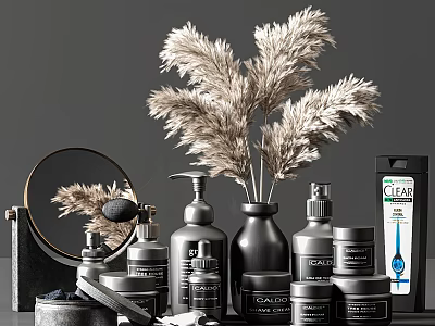 Luxury Perfume Cosmetics with Black Spray Bottles Jars and Dried Pampas Grass Mirror 3d model