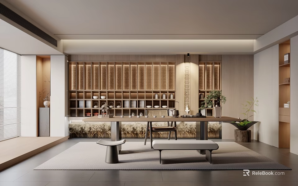 Modern Tea Room Interior Design With Wooden Shelves Long Table And Green Plant 3d model 