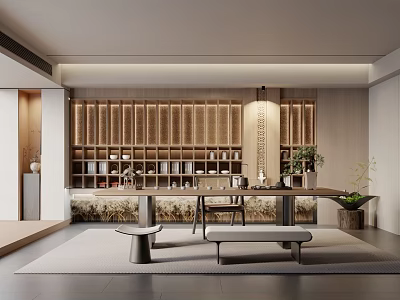 Modern Tea Room Interior Design With Wooden Shelves Long Table And Green Plant 3d model