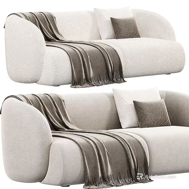 Modern Two Seater Sofa With Beige Fabric Brown Blanket And Decorative Pillows 3d model 