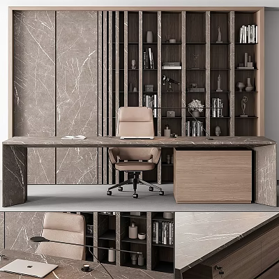 Modern Home Office Desk With Marble Top Wooden Bookshelf And Comfortable Chair 3d model
