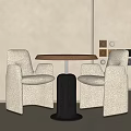 Modern Table And Chairs Set With Round Wooden Tabletop Textured Fabric Chairs And Neutral Wall