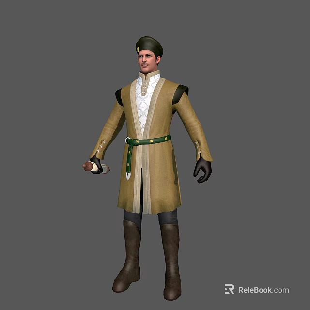 Man in Yellow Long Coat With White Inner Garment Green Belt and Hat Holding Item 3d model 