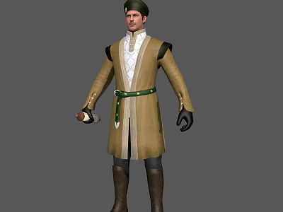 Man in Yellow Long Coat With White Inner Garment Green Belt and Hat Holding Item 3d model