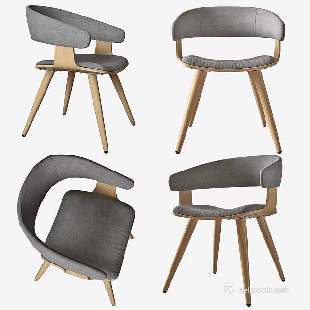 Modern Dining Chairs With Wooden Legs Gray Upholstery And Curved Backrest Design 3d model 