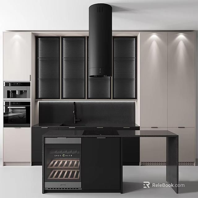Modern Kitchen With Black And Beige Cabinets Island Counter Range Hood And Wine Rack 3d model 