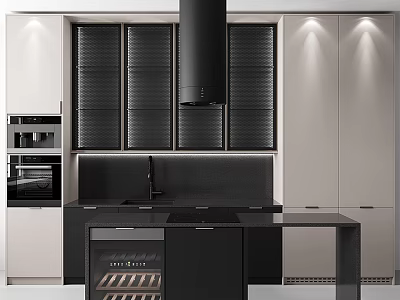 Modern Kitchen With Black And Beige Cabinets Island Counter Range Hood And Wine Rack 3d model