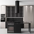 Modern Kitchen With Black And Beige Cabinets Island Counter Range Hood And Wine Rack