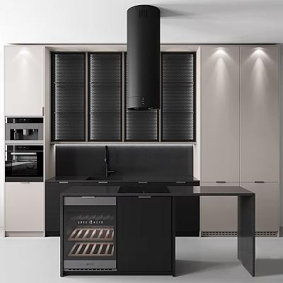 Modern Kitchen With Black And Beige Cabinets Island Counter Range Hood And Wine Rack 3d model