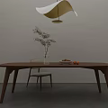 Modern Wooden Dining Table With Chair Hanging Lamp Vase Plant And Fruits