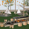 Scenic Camping Site With Tepee Tents String Lights Outdoor Seating And Grass Area