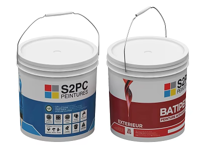 Industrial Paint Buckets From S2PC PINTURAS With Blue And Red Labels For Exterior Use 3d model