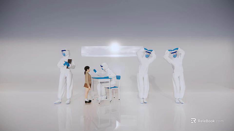 People in Protective Suits Assisting Girl at Testing Table in White Setting 3d model