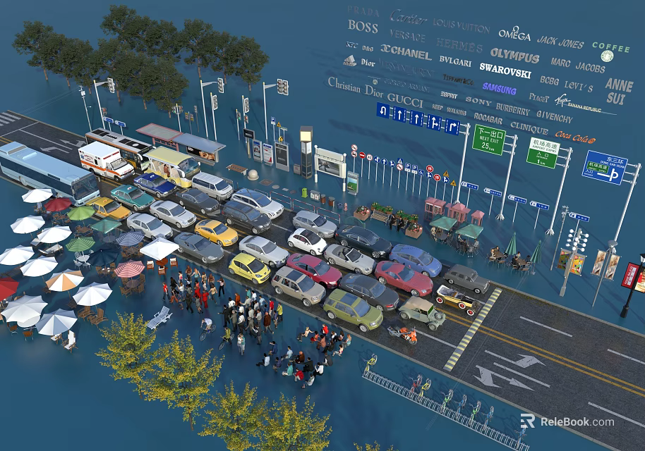 Urban Road Facilities With Traffic Signs Street Lamps Bus Stops And Vehicles 3d model 