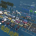 Urban Road Facilities With Traffic Signs Street Lamps Bus Stops And Vehicles