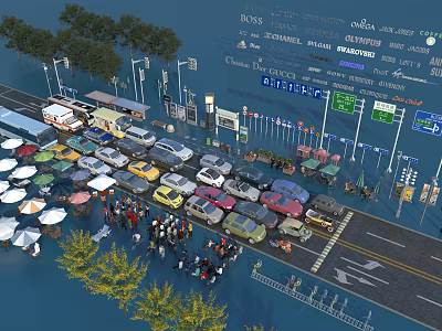 Urban Road Facilities With Traffic Signs Street Lamps Bus Stops And Vehicles 3d model