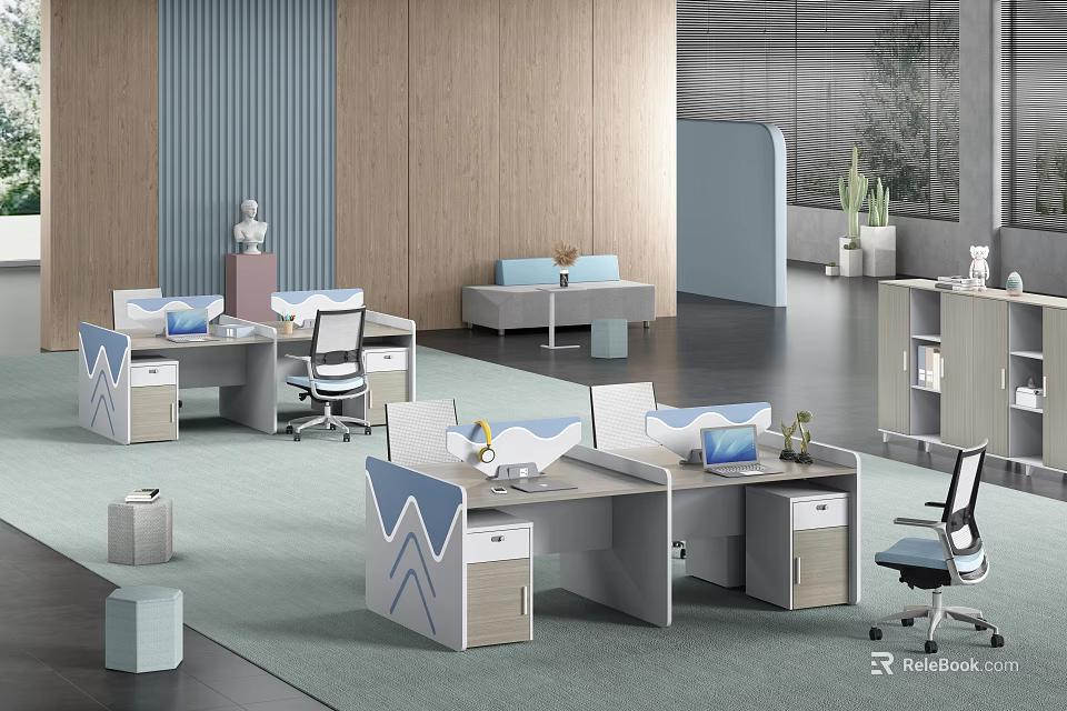 Modern Office Interior With Contemporary Desks Ergonomic Chairs Area Carpet And Green Plants 3d model 