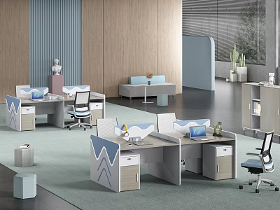 Modern Office Interior With Contemporary Desks Ergonomic Chairs Area Carpet And Green Plants 3d model