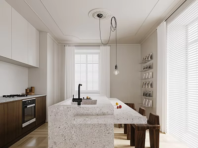 Modern Kitchen Interior With White Cabinets Wooden Shelves Terrazzo Island Counter And Window Blinds 3d model