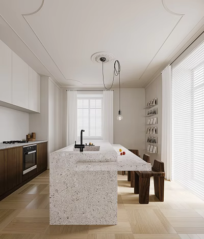 Modern Kitchen Interior With White Cabinets Wooden Shelves Terrazzo Island Counter And Window Blinds 3d model