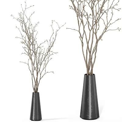 Black Cone Shaped Vases With Slender Branches And Small Buds For Decor 3d model