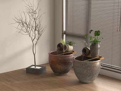 Natural Style Ceramic Aquarium Fish Tank With Bare Tree On Wooden Floor Near Window Blinds 3d model