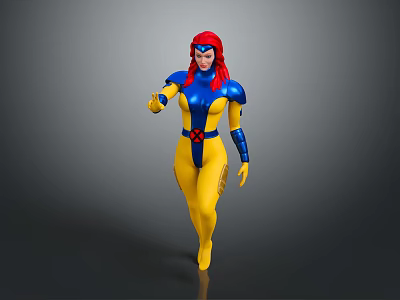 Red Haired Female Anime Character In Blue And Yellow Bodysuit Walking Pose 3d model