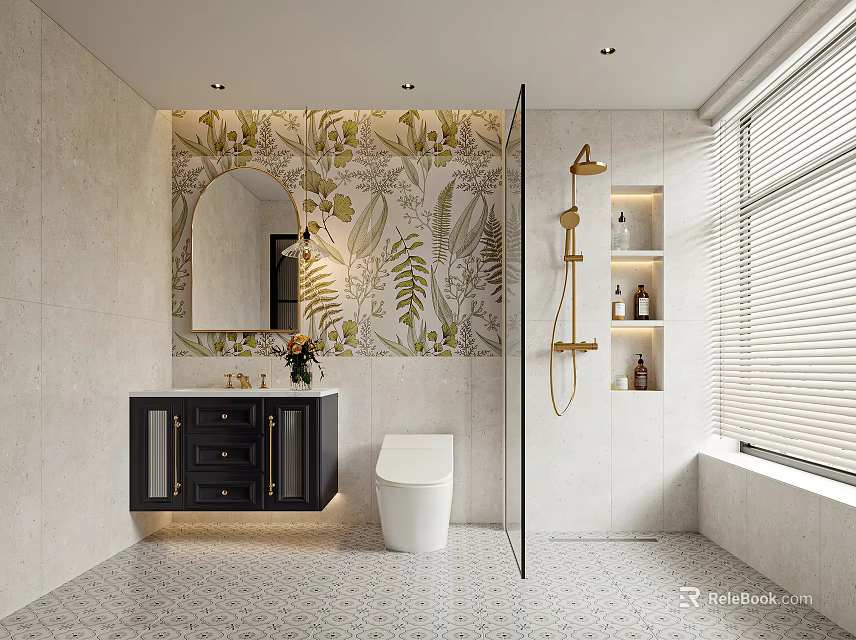 Modern Bathroom with Tropical Leaf Wallpaper Mirror Black Vanity White Toilet and Golden Shower Fixture 3d model 