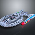 Spacecraft Model With Silver Body Blue Stripes Red Engine And Streamlined Design