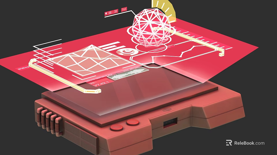 Red Electronic Device With Transparent Screen Featuring Geometric Patterns Lines Measurement Tools Buttons And Interfaces 3d model 