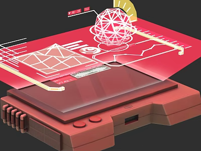Red Electronic Device With Transparent Screen Featuring Geometric Patterns Lines Measurement Tools Buttons And Interfaces 3d model