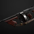 Vintage Submachine Guns With Wooden Stocks Black Metal Parts Drum Magazines And Scattered Bullets