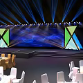 Event Stage Setup With Blue Lighting Large Screen Geometric Decor Round Tables And Chairs 3d model