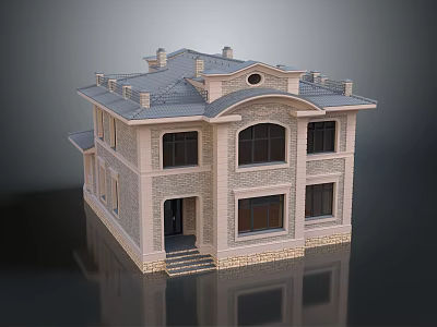 Elegant Two Story Villa Exterior With Gray Roof Beige Walls Dark Windows Black Door Steps 3d model