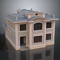 Elegant Two Story Villa Exterior With Gray Roof Beige Walls Dark Windows Black Door Steps