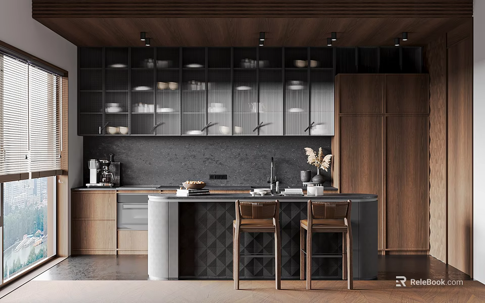 Modern Kitchen Interior With Wooden Cabinets Black Countertop And Island Chairs 3d model 