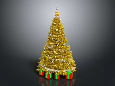 Golden Christmas Tree With White Decorations And Colorful Gift Boxes At The Bottom 3d model