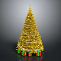 Golden Christmas Tree With White Decorations And Colorful Gift Boxes At The Bottom