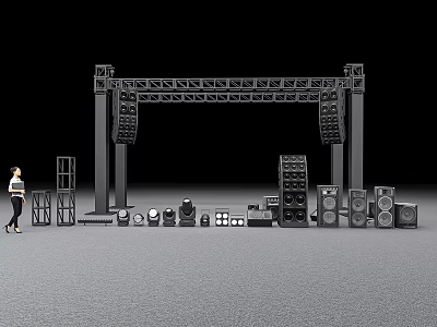 Professional Stage Equipment Setup With Lighting Truss Audio Speakers And Person 3d model