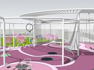 Children's Play Area With White Metal Structure Colorful Purple Pink Floor And Green Lawn 3d model