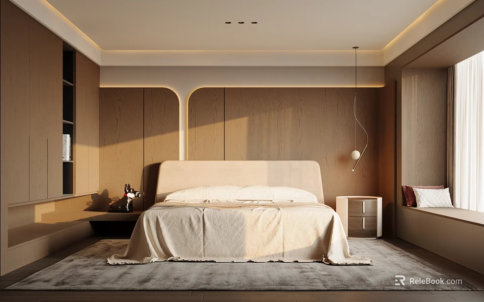 Modern Elegant Bedroom Interior With Upholstered Headboard Area Rug And Nightstand 3d model 
